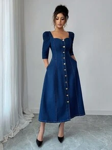 Selianne 秋季通勤时尚前扣牛仔连衣裙 - 深色水洗藍 - 查看 6