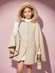 SHEIN Girls' Elegant Double-Sided Woolen Hooded Cape With Detachable Faux Fur Collar, Fashionable Woolen Cloak For Autumn/Winter