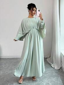 Elenzga 大码女式优雅简约高端休闲连衣裙，适合办公室、通勤、海滩、音乐节、下午茶、德比、帆船赛，纯色圆领二合一腰部荷叶边褶皱蝙蝠袖 A 字长裙，春夏连衣裙端庄淡绿色连衣裙灯笼袖连衣裙长袖连衣裙薄荷绿连衣裙女式 - 薄荷綠 - 查看 4