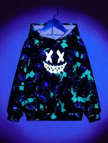 SHEIN Tween Boy Glow In Dark Smiling Face Splash Ink Print Long Sleeve Casual Sweatshirt, For Autumn - Green - View 1