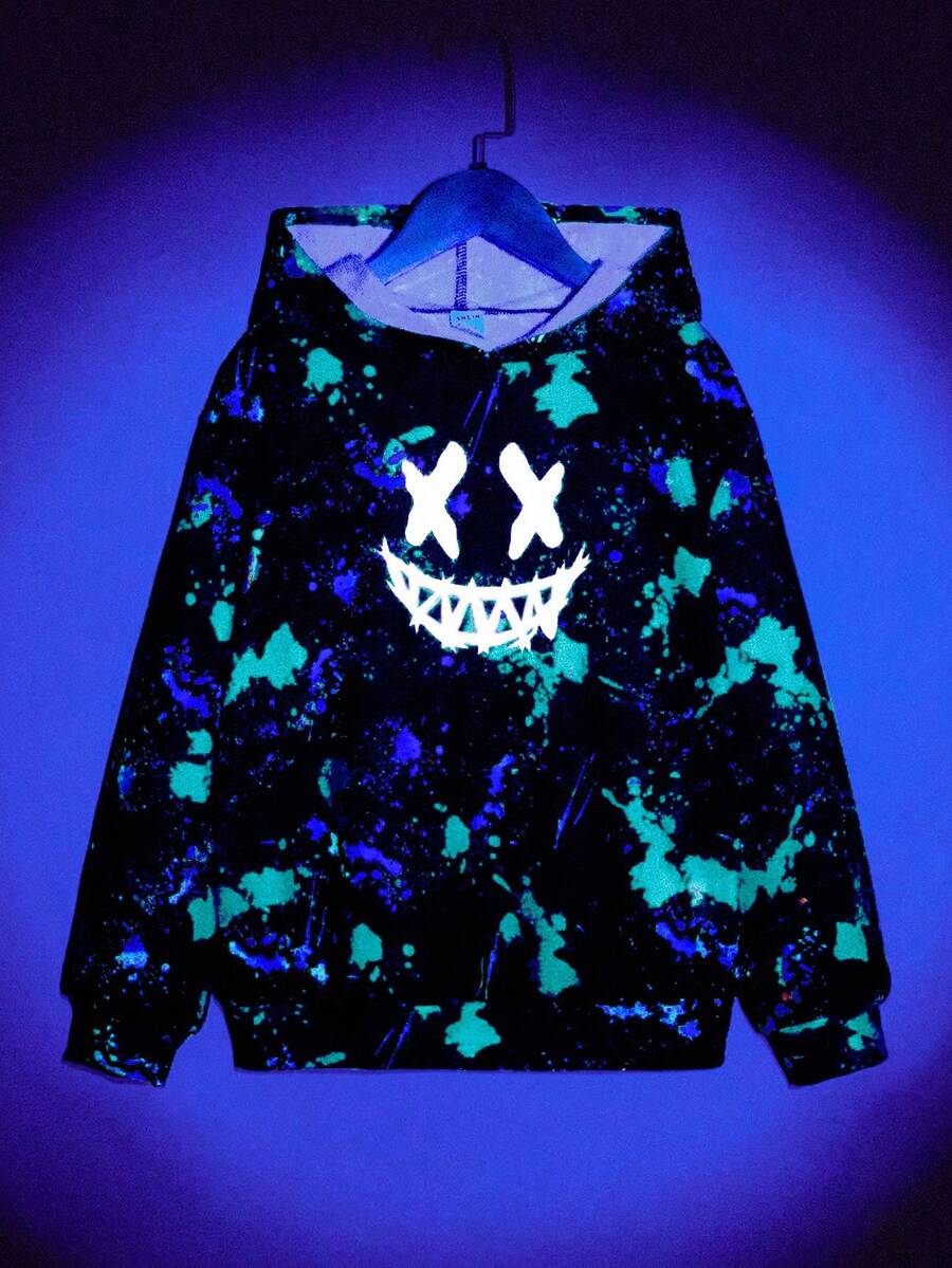 SHEIN Tween Boy Glow In Dark Smiling Face Splash Ink Print Long Sleeve Casual Sweatshirt, For Autumn - Green - View 1