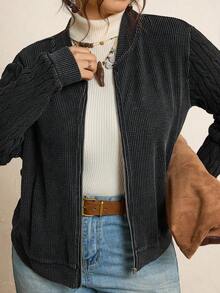 SHEIN LUNE 大码女式纹理拼布拉链夹克，棉质新年感恩节秋冬女装 - 黑色 - 查看 4