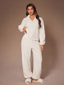Lazeform Women's Plush Jacquard Collar Zip-Up Long Sleeve & Ankle Cuff Pants Pajama Set, Winter, Cozy Outfit Fluffy Pjs Loungewear Cozy Sets Women Matching Lounge Set Homewear Women, Fall Clothes