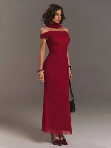 Aloruh 褶饰露肩毛茸茸领子紧身连衣裙，适合派对穿着 - 酒紅色 - 查看 8