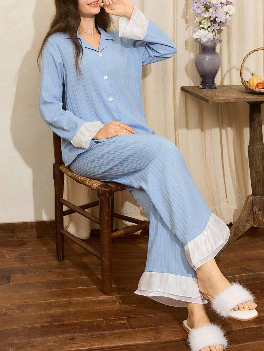女士优雅浪漫撞色双层荷叶边领纽扣舒适睡衣套装,秋冬服装 - 藍色 - 查看 1