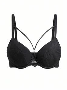 SHEIN 1 件浪漫性感蕾丝拼接提升支撑钢圈女士文胸 - 黑色 - 查看 11