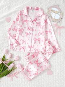 2pcs/Set Girls Cute Bow Print Lapel Cardigan & Casual Pants Comfortable Pajamas Set - Pink - View 3