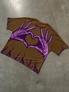 PAVTROS Men's Letter & Skull Graphic Round Neck Casual Loose T-Shirt - Brown - View 2