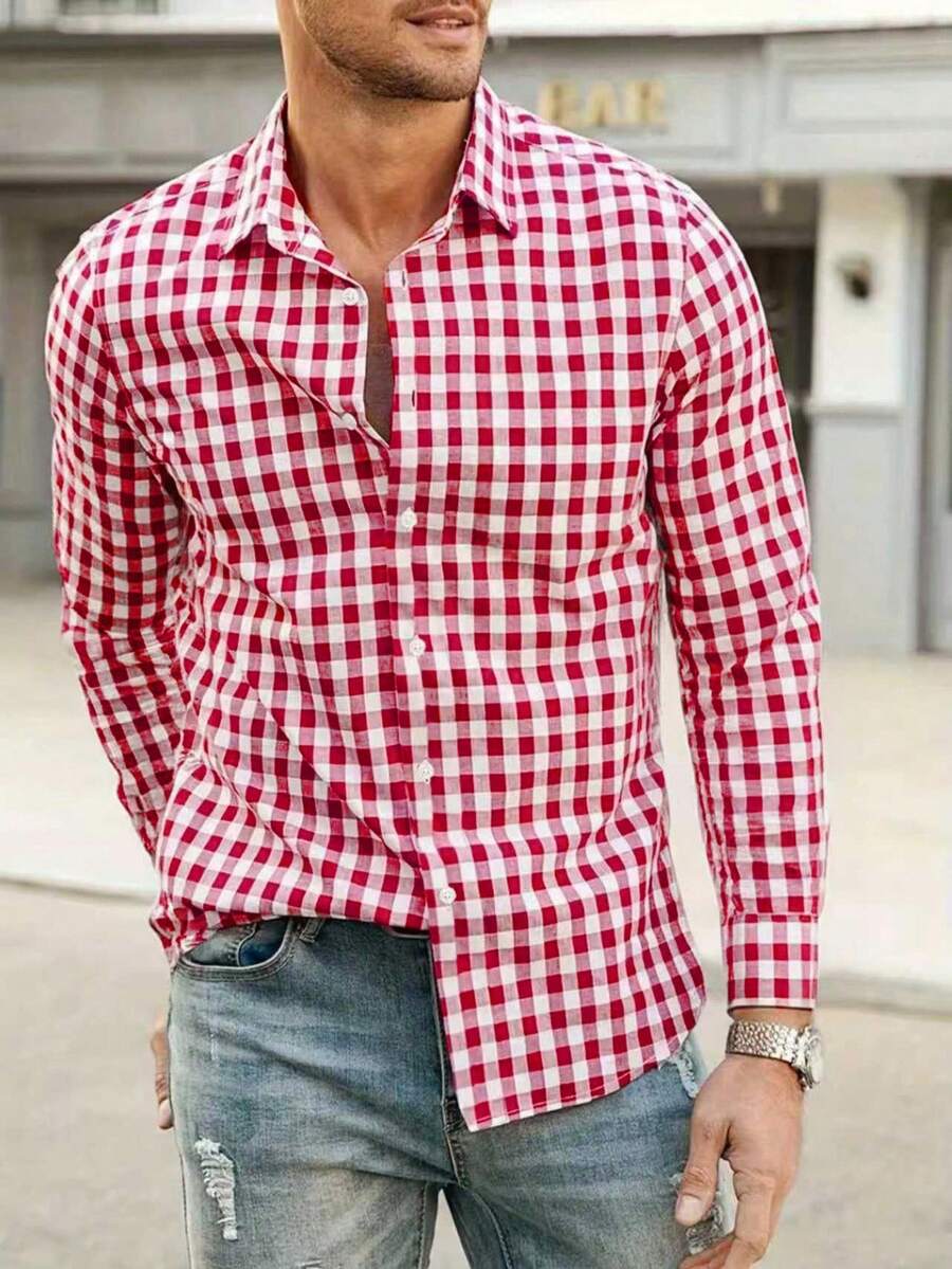 Manfinity Homme 男士春秋休闲格子长袖办公室装衬衫，长袖男士衬衫，格子衬衫 - 彩色 - 查看 1