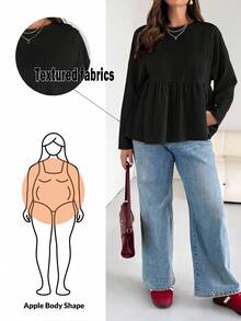 SHEIN Essnce Blusa de manga larga con volantes de tela texturizada cómoda y holgada para mujer de talla grande, para primavera y otoño, para volver a la escuela - Negro - Ver 1