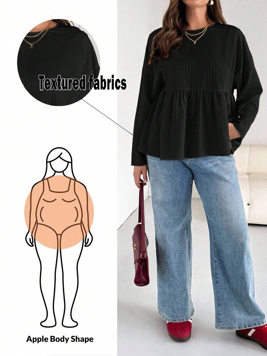 SHEIN Essnce Blusa de manga larga con volantes de tela texturizada cómoda y holgada para mujer de talla grande, para primavera y otoño, para volver a la escuela - Negro - Ver 1