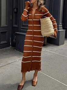 Solivie Winter Clothes For Women  Women's Elegant Knitted Long Sweater Dress, French Casual Colorblock Striped, Versatile Autumn New Arrival  Brown Dress  Brown Dress Women Rust Brown Dress Sweater Dresses Brown Bodycon Dress Autumn Dress Autumn And Winter Long-Sleeved Striped Long Sweater Dress  Thanksgiving Outfit For Women  Autumn  Clothes For Women  Women's Winter Sweater - Coffee Brown - View 7