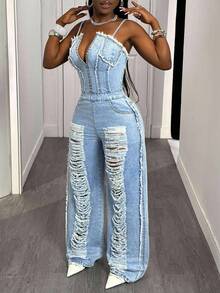 SHEIN SXY Damen Jumpsuit in Große Größen, Modischer Lässig-Stil mit Perlen besetzt und Destroyed-Effekt - Helle Waschung - Übersicht 6
