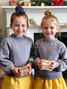 年轻女孩纯色串珠圆领修身休闲毛衣