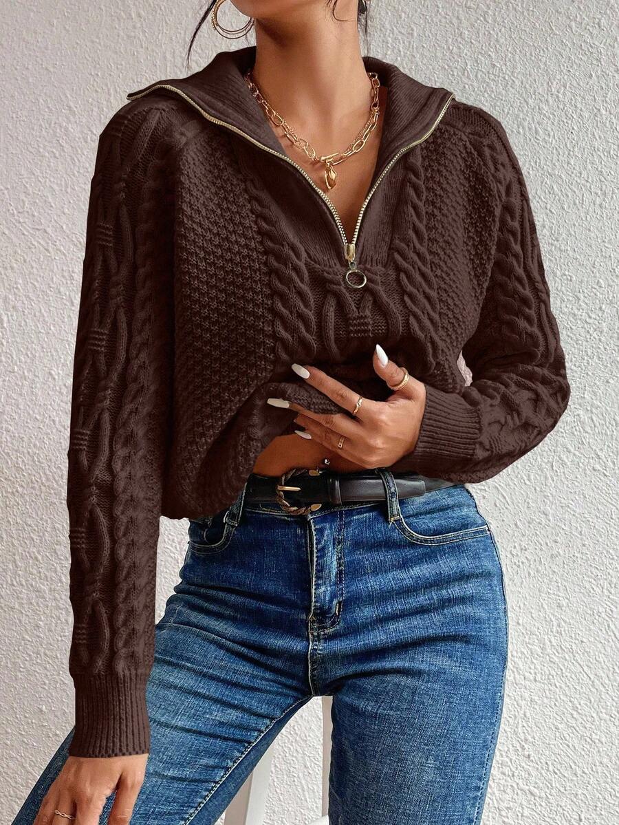 EMERY ROSE Women's Autumn/Winter Cable Pattern Zip-Up Crew Neck Casual Sweater - Chocolate Brown - View 1