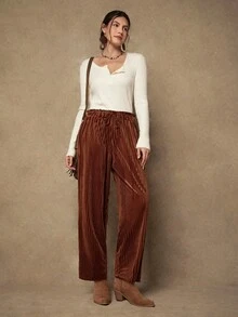 SHEIN VCAY Quần ống suông rộng rãi màu trơn buộc eo xếp nếp cỡ lớn cho nữ - màu nâu - Xem 4