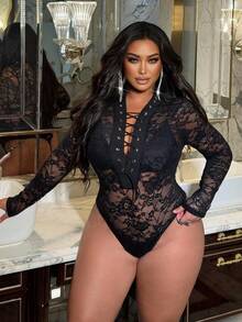 NU&NOW Plus Size Women's Sexy Sheer Lace Deep V-Neck Criss-Cross Strap Metal Grommet Criss-Cross Bow Tight Fit Design Sense Party Clubwear Bodysuit, Long Sleeve, New Autumn