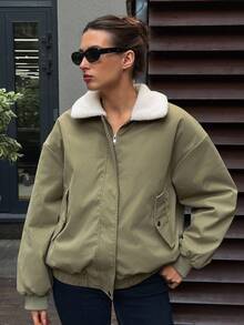 DAZY 女士休闲宽松版型飞行员夹克，人造毛领，长袖，带口袋，街头风格，秋冬女式外套 - 綠色 - 查看 4