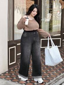 SHEIN EZwear 大码女式宽松口袋阔腿休闲百搭牛仔裤 - 淺灰色 - 查看 6