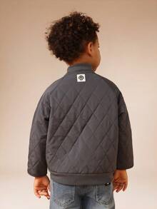 SUMWON 儿童绗缝飞行员夹克钻石缝制图案冬季外套经典罗纹领时尚街头服饰休闲保暖日常外套 - 深灰色 - 查看 2