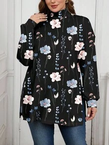 EMERY ROSE Plus Size Retro Floral Pattern High Collar Drop Shoulder Slit T-Shirt Winter Clothing Going Out New Women's Clothing Festival Wear - Multicolor - View 6