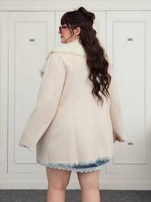 CovetEZ 秋冬大码性感简约风格仿毛领中长款大衣 - 杏色 - 查看 2