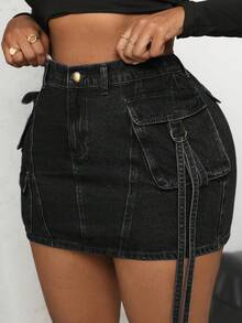 Dripcurv Gonna jeans mini taglia curvy, abbigliamento casual da lavoro, lavaggio vintage, blu - nero - Visualizzare 2