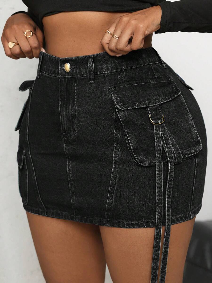 Dripcurv Gonna jeans mini taglia curvy, abbigliamento casual da lavoro, lavaggio vintage, blu