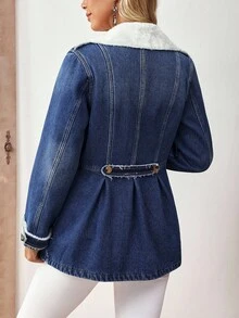 EMERY ROSE 女士翻领双排扣保暖内衬收腰牛仔夹克，秋冬季女士冬季外套 - 深色水洗藍 - 查看 2