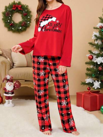 SHEIN Teenager Mädchen Fröhliche Weihnachten Mütze Muster & Karomuster Schneeflocke Strick Weich Langarm Oberteil und Hose Locker 2-teiliges Pyjama Set