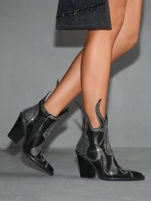 CUCCOO SZL Women's Fashion Rhinestone Decor Chunky High Heel Ankle Boots - Black - View 4