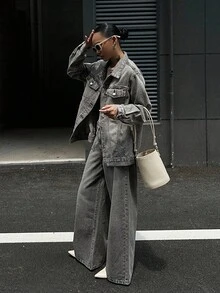 DAZY 女士宽松牛仔夹克，有领，直筒牛仔裤，休闲街头服饰套装