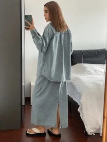 DAZY 女士牛仔衬衫领衬衫和长款直筒牛仔裙优雅都市休闲牛仔套装 - 淺色水洗藍 - 查看 5