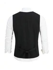 Manfinity Nomadique Men's Solid Black Single-Breasted Casual Business Vest Men's Black V Neck Sleeveless Striped Vest Formal Business Regular Fit Woven Fabric Waistcoat With Pockets Daily Leisure, Weekend Trips, Outdoor Activities, Travel Expeditions, Relaxed Work Environments Or Semi-Formal Occasions,Boyfriend/Husband Gift, Anniversary Gift