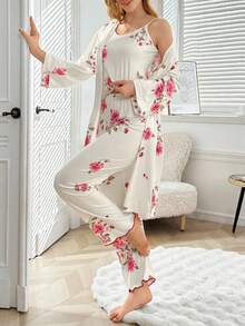 SHEIN Bộ đồ ngủ in hoa dệt kim thoải mái, áo hai dây, quần và áo choàng, bộ đồ ngủ họa tiết hoa, quần áo thu đông - Màu be - Xem 5