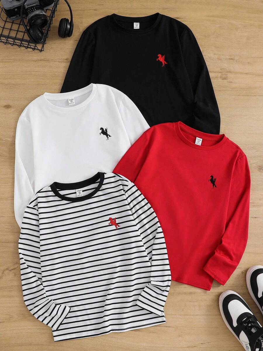 SHEIN 男童休闲条纹骑士图案长袖T恤 - 紅色 - 查看 1