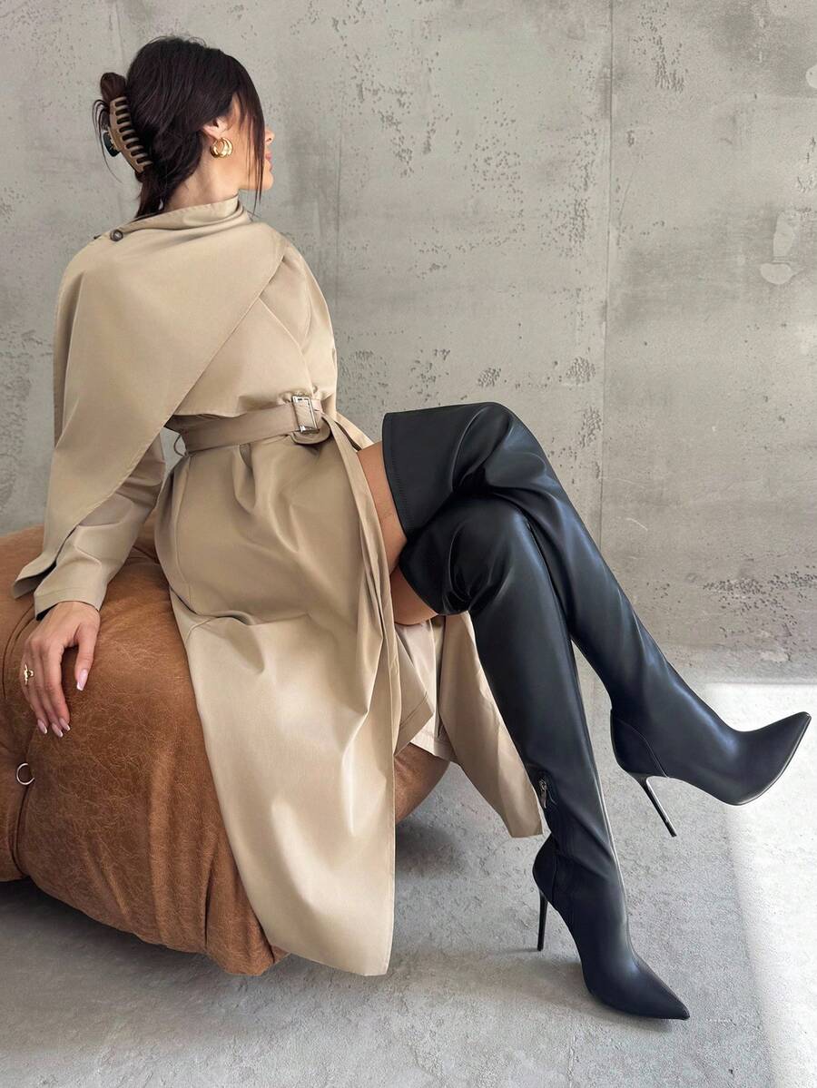 Firerie 女士时尚都市时尚新款卡其色风衣，配腰带，通勤休闲两相宜，秋冬 - 卡其色 - 查看 1