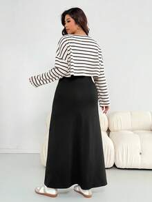 SHEIN Essnce Plus Size Women's Autumn And Winter Fashion Casual Loose Comfortable Daily Versatile Slim Apricot Striped Top And Black Long Vest Dress Two Pieces Set,Fall Clothes,Airport Outfits,Simple Style - Apricot - View 2