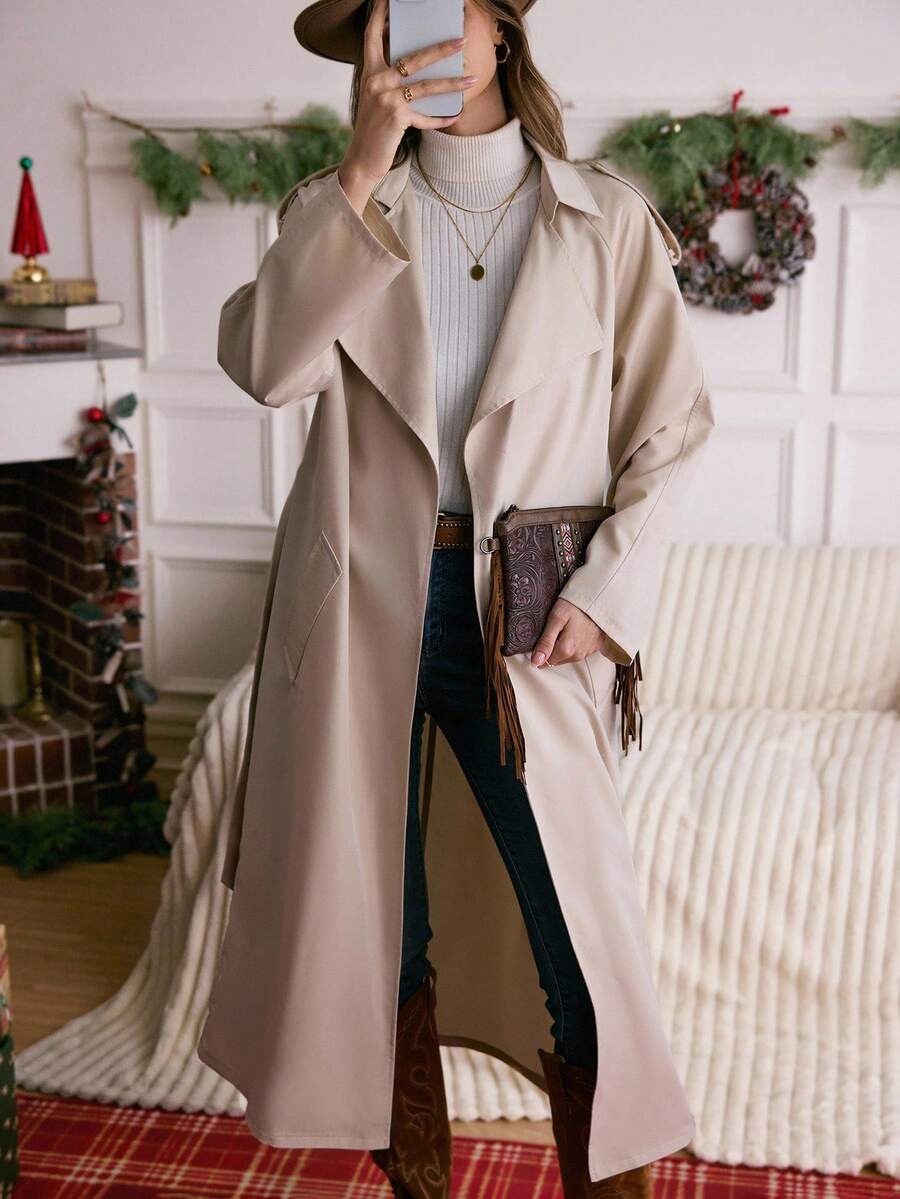 LanaWest 杏色夸张领口通勤长腰收腰女式风衣 - 杏色 - 查看 1