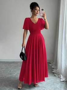 SHEIN Elenzya 荷叶边袖腰部收紧 V 领 A 字型简约优雅浪漫精致女士连衣裙 - 紅色 - 查看 4