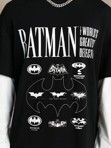 BATMAN X SHEIN 男式字母蝙蝠印花拼色长袖二合一T恤 - 黑與白 - 查看 4