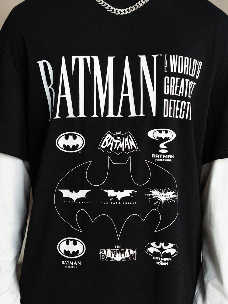BATMAN X SHEIN Men's Letter & Bat Print Color Block Long Sleeve 2 In 1 T-Shirt Men Oversized Graphic Tees - Black and White - View 4