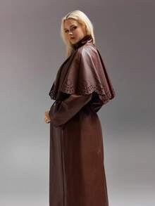 SHEIN ICON Women's Solid Color Single-Breasted Long Sleeve PU Leather Loose Long Jacket, Autumn Rust Brown Coat