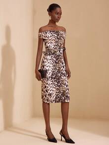 JIAN LASALA Vestido ajustado con hombros descubiertos, cintura fruncida y lazo, con estampado de leopardo en todo el vestido. Vestido de leopardo, vestido midi con estampado animal, colección de ropa de lujo y elegante con gráficos - Multicolor - Ver 6