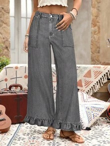 EMERY ROSE 大码牛仔度假风荷叶边阔腿裤 - 灰色 - 查看 3