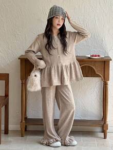 DAZY 2 件套 Tween Girls 荷叶边下摆开衫和裤子套装，秋季服装 - 卡其色 - 查看 2