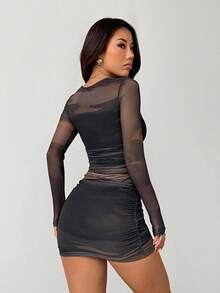 SHEIN PETITE 女式扎染印花圆领长袖褶饰修身休闲迷你连衣裙 - 彩色 - 查看 2