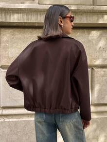 Aloruh Women's Solid Color PU Leather Drop Shoulder Long Sleeve Zip Front Casual Jacket,Brown Coat,Coffee Color,Solid Color Jacket,Spring,Autumn And Winter - Brown - View 2
