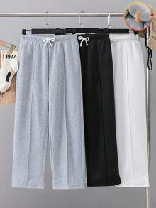 SHEIN 3件套青少年男童休闲可爱日常舒适经典黑白灰三色宽松直筒卫衣裤套装，买二送一，适合外出、上学、聚会、秋冬季、返校季等场合。 - 彩色 - 查看 4