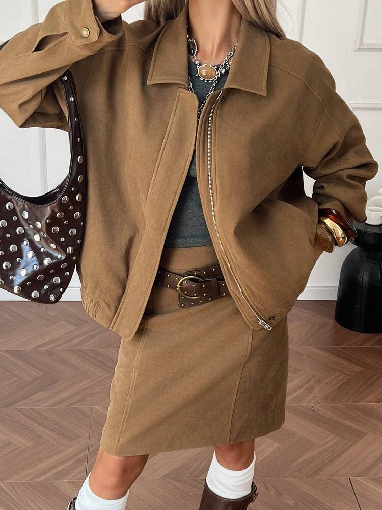 Women's Collared Short Jacket And A-Line Mini Skirt 2 Pieces Casual Set
